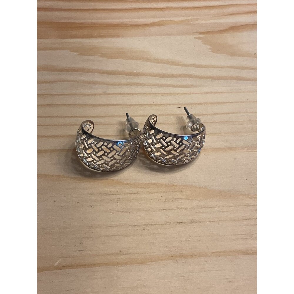 Vintage Silver Crescent Hoop Earrings With Intricate Cutout Design